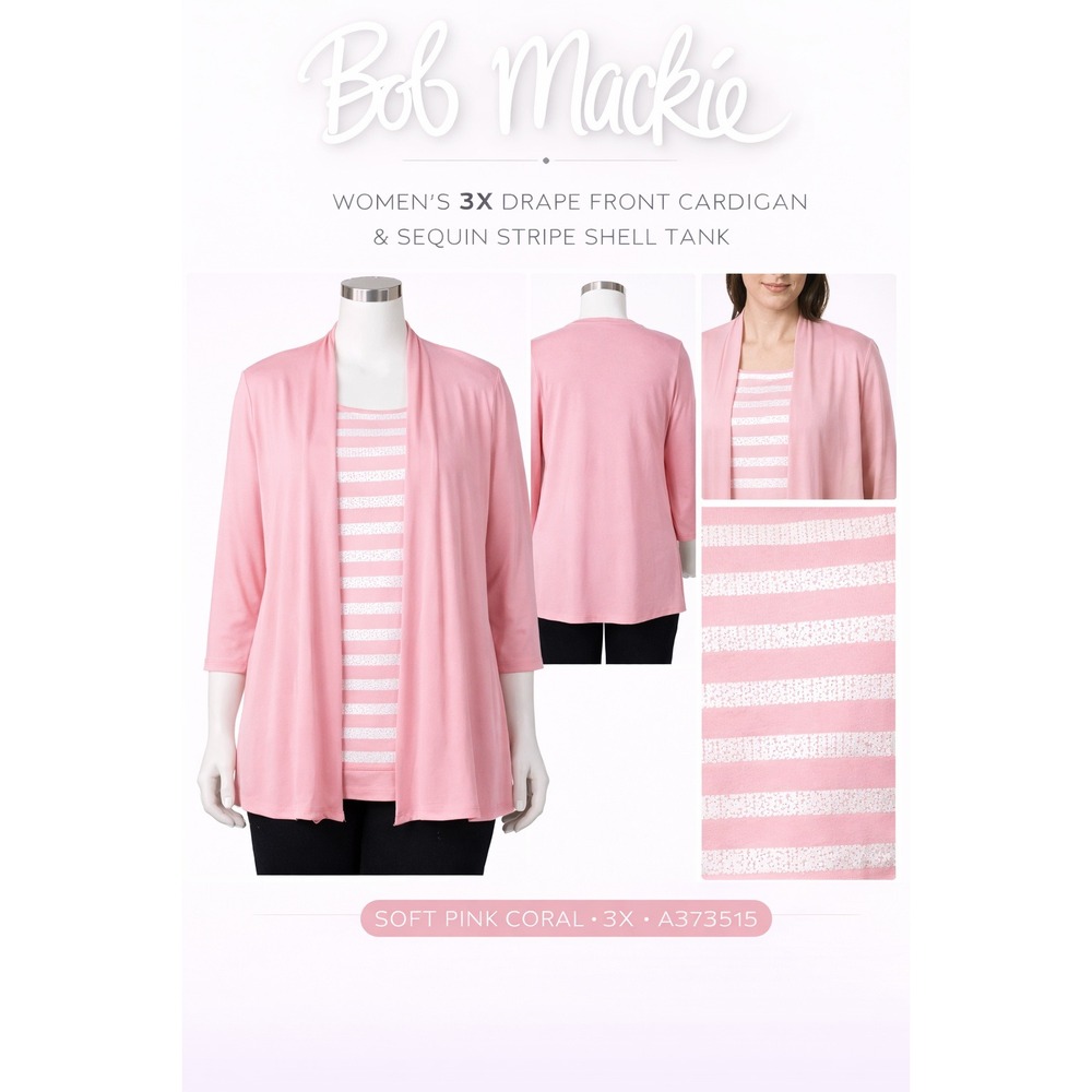 Bob Mackie Women 3X Drape Front Cardigan Sequin Stripe Shell Tank Set Pink Coral